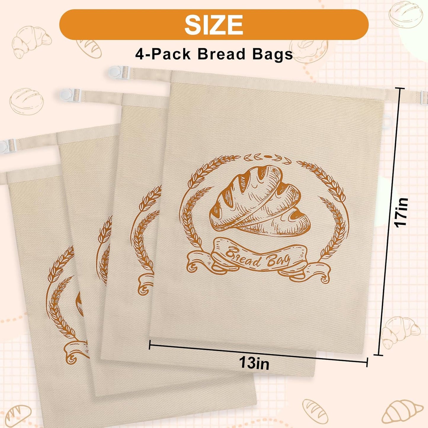 4 Pack Reusable Linen Bread Bags for Homemade,Organic Linen Bread Bag for Homemadesourdough 17 x3 inches Food Storage Cloth Bag，Keep Fresh and Upgrade Large Capacity Portable