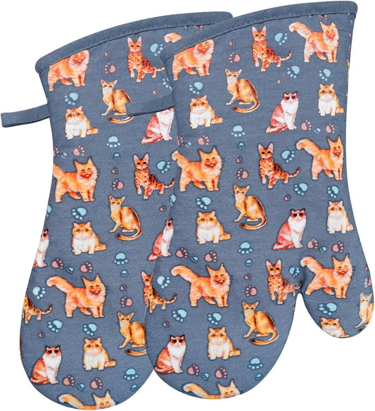 Oven Mitts Gloves 1 Pair Heat Resistant 480 ℉ Non Slip Clear Silicone Printed Cat Comfortable Cotton Lining Kitchen Men Cooking Barbecue Machine Washable (Cat, Blue Mitts)
