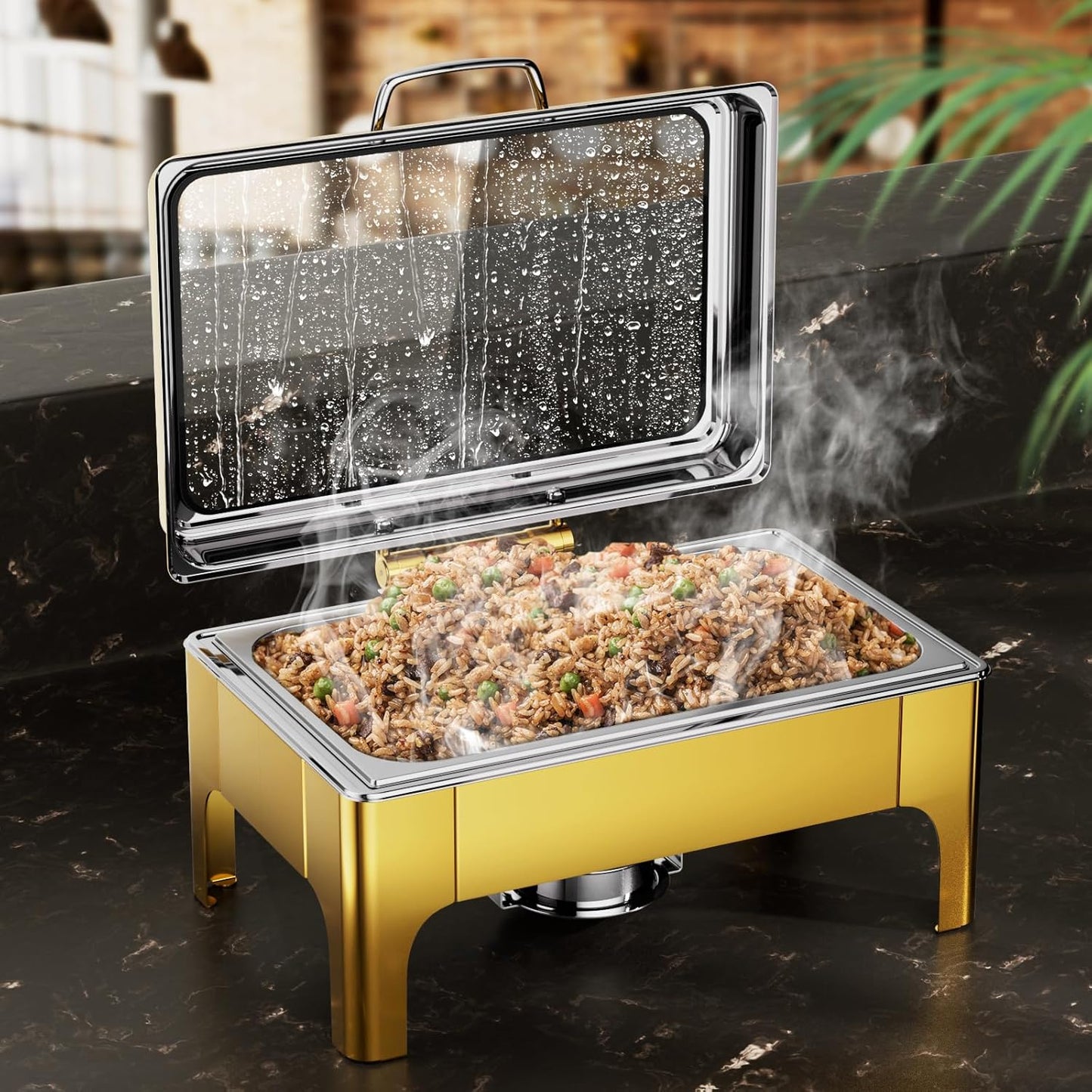 Chafing Dishes for Buffet, 9.5QT Square Stainless Steel Chafing Dish with Transparent Hydraulic Lid, 304 Food Pan, Buffet Warmer for Parties and Events (Golden)
