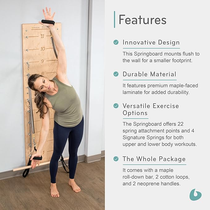 Balanced Body Pilates Springboard with Push-Through Bar, Wall Mounted Pilates Workout Equipment for Home Gym or Studio Use, Pilates Exercise Equipment with Resistance Springs