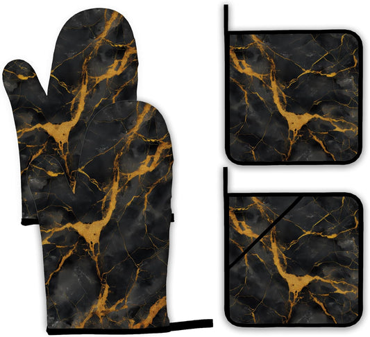 Marble Oven Mitts and Pot Holders Set,Black Gold Marble Kitchen Decor Heat Resistant Non Slip Hot Pads and Oven Mitt for Chef Cooking Baking BBQ Mom Girl Gifts(4 Piece Set)