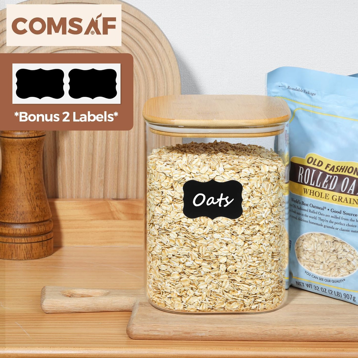 ComSaf 115 oz Glass Food Storage Containers, Cereal Storage Containers with Airtight Lids, Large Square Glass Jars with Bamboo Lids, for Rice, Pasta, Oats, Grains, Coffee Beans