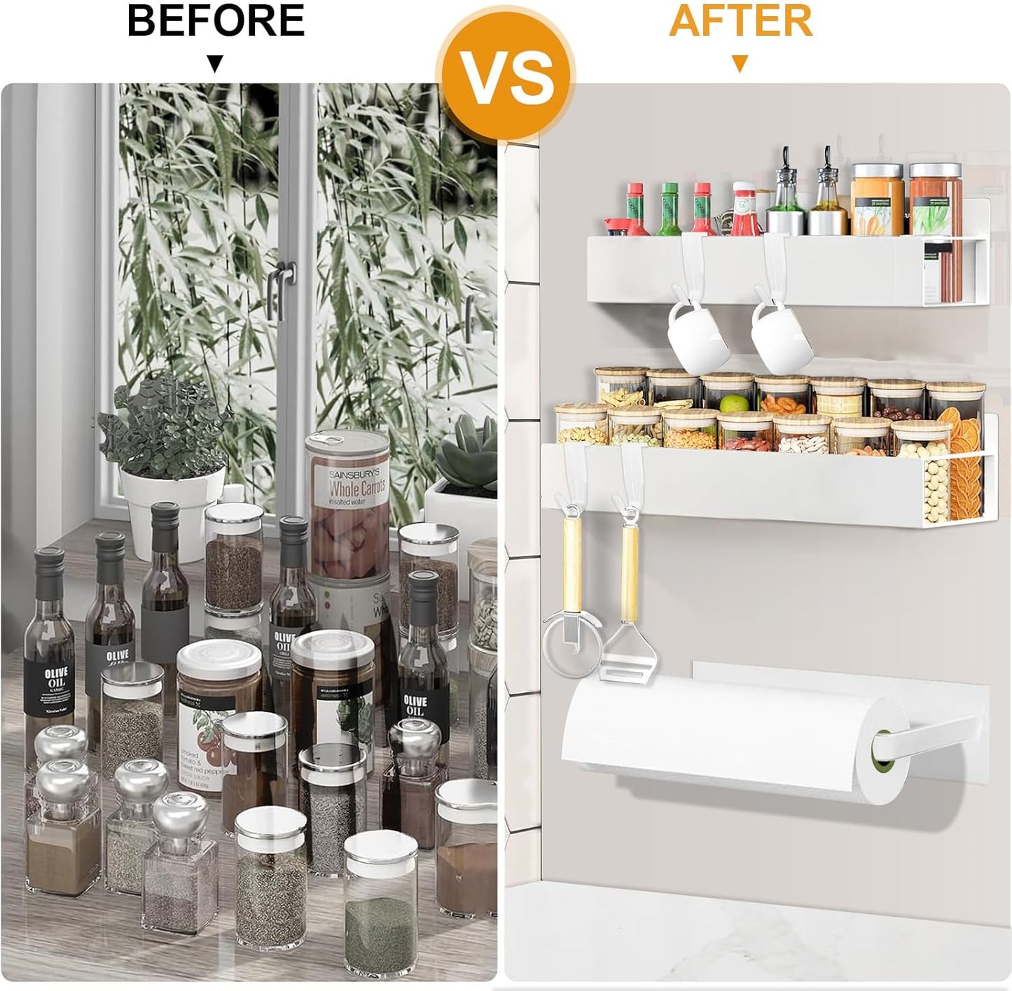 4 Pack Magnetic Spice Rack for Refrigerator,Metal Magnetic Shelf White with Paper Towel Holder,Whiteboard,3 Markers,4 Hooks,Space Saving for Home,Kitchen