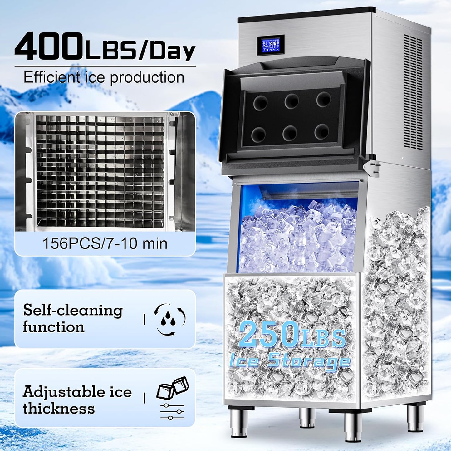 Commercial Ice Maker Machine 400Lbs/24H with 250Lbs Large Ice Storage Bin,Stainless Steel Industrial Ice Machine 156 Ice Cubes/Cycle with Touch Screen,Self-Cleaning for Restaurants Bars Cafes