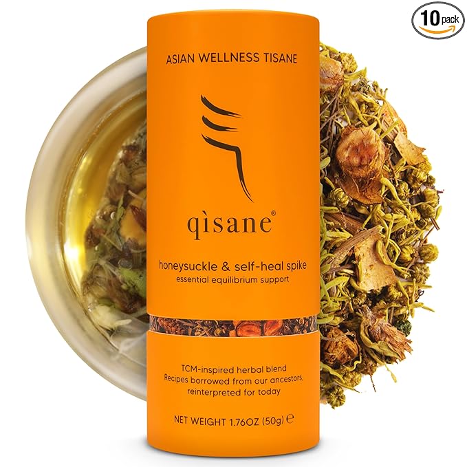 qìsane Honeysuckle Tea with Chinese Medicinal Plants - Dried Honeysuckle Flowers, Self Heal Spike, Lemon Verbena & Monkfruit to Help Support Detox & Ease Discomfort - 10 sachets (~30 cups)