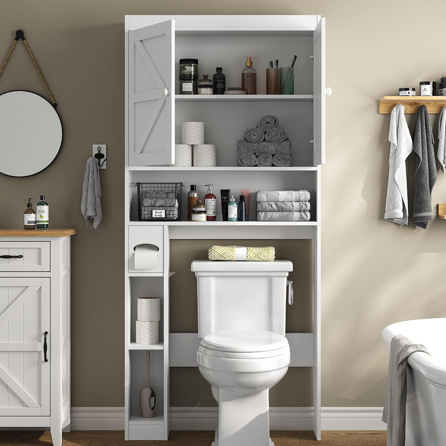 Furnideco Over The Toilet Storage Cabinet with Barn Doors, 32.3''W Free Standing Toilet Storage Shelf Space Saver with Adjustable Bottom Bar, White