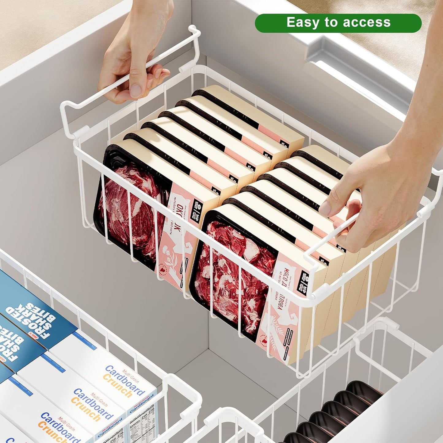 Freezer Storage Organize Baskets - 2 Pack Stackable Deep Freezer Organizer Bins for Most 7 Cu.FT Chest Freezer with Handles, Sturdy but Light, Metal Coated, Add Space, Easy to Reach
