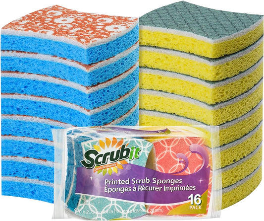 SCRUBIT Non-Scratch Cellulose Scrub Sponge - Soft and Easy Grip - Kitchen Sponges for Cleaning - 16-Pack Dual Sided Scrubby Sponges for Pots, Pans, Kitchen, and More