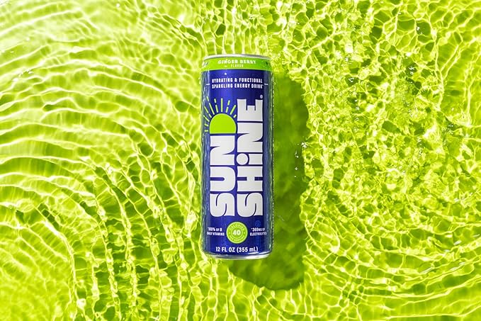 Sunshine Sparkling Energy Drink, Ginger Berry with Daily Essential Vitamins, 360mg of Electrolytes, 70mg of Natural Caffeine, 12 Fl Oz (Pack of 12)