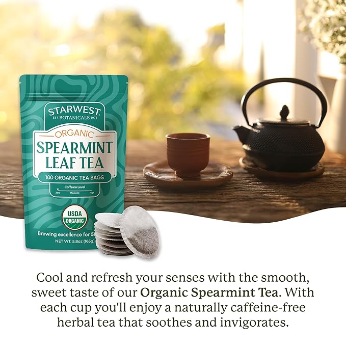 Starwest Botanicals Organic Spearmint Leaf Tea - Caffeine Free Herbal Tea, Promotes Calm, USDA Organic Spearmint Leaf, String Free Sachets, Non GMO - Bulk Pack, 100 Tea Bags