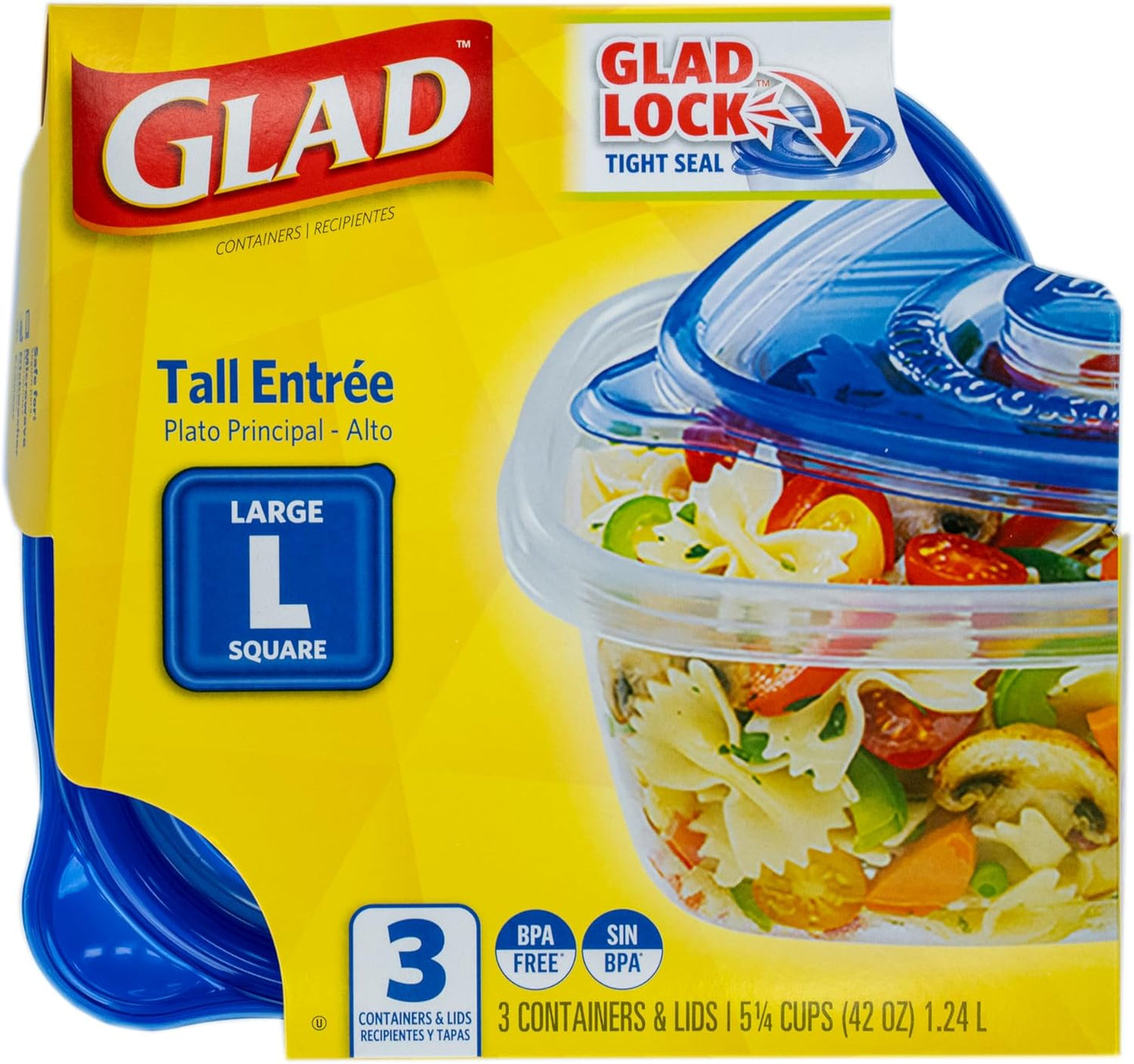 Glad GladWare Tall Entree Food Storage Containers - Large Square - Meal Container Holds up to 42 Ounces of Food - Lock Tight Seal, 3 Count - 6 Pack