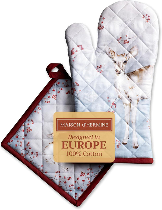 Maison d' Hermine 100% Cotton Oven Mitt & Pot Holder Set (7.5"x13" & 8"x8") Heat Resistant BBQ Cooking Gloves with Loop, Baking, Grilling, Kitchen, Handling Hot Pans (Fairytale Forest)