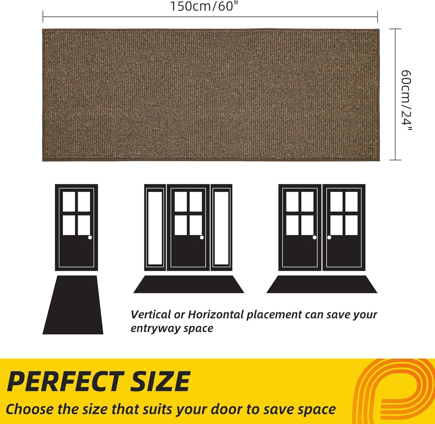 JSEI Dirt Trapper Door Mat 24"x60" Non-Slip Washable Entrance Mat, Dog Doormats, Absorbent & Fade-Resistant Floor Mats, Low Profile Welcome Mats for Entryway, Front Door, and Inside Entrance, Brown