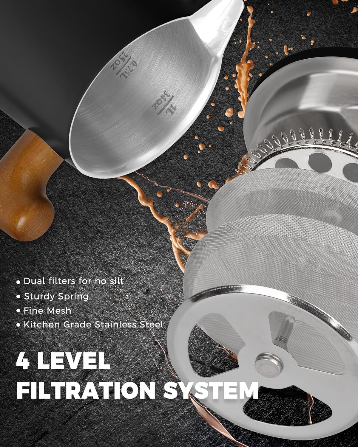 POLIVIAR French Press Coffee Maker, 34 oz Coffee Press with Real Wood Handle, Double Wall Insulation & Dual-Filter Screen, Food Grade Stainless Steel for Good Coffe and Tea, JX2025-XFPB