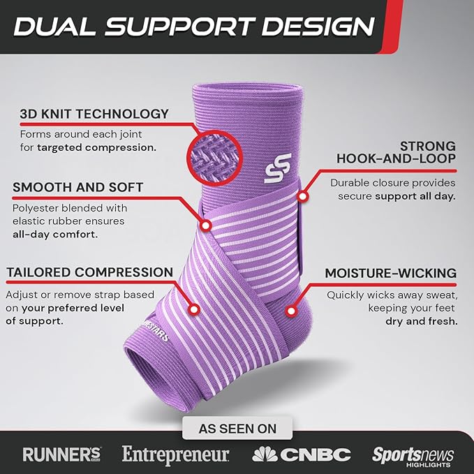 Sleeve Stars Ankle Brace for Women & Men, Ankle Wrap for Sprain, Compression Sleeve for Plantar Fasciitis Relief, Easy Customizable Support: w/ Removable Strap (Pair/M:10"-12"/Light Purple)