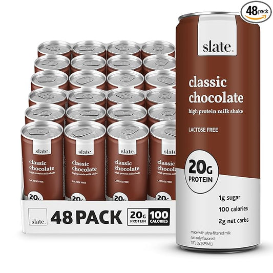Slate Milk - High Protein Milk Shake - Classic Chocolate - Lactose Free, 20g Protein, 1g Sugar, 100 Calories, 2g Net Carbs, No Added Sugar - Natural, Breakfast Boost, Post Workout - 11 fl oz, 48 Cans