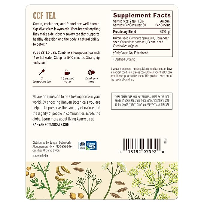 Banyan Botanicals CCF Tea (Cumin, Coriander, Fennel) – Organic Traditional Ayurvedic Detox Tea For Supporting Digestion & Gentle Cleansing* – ½ lb. – Non-GMO Sustainably Sourced Vegan
