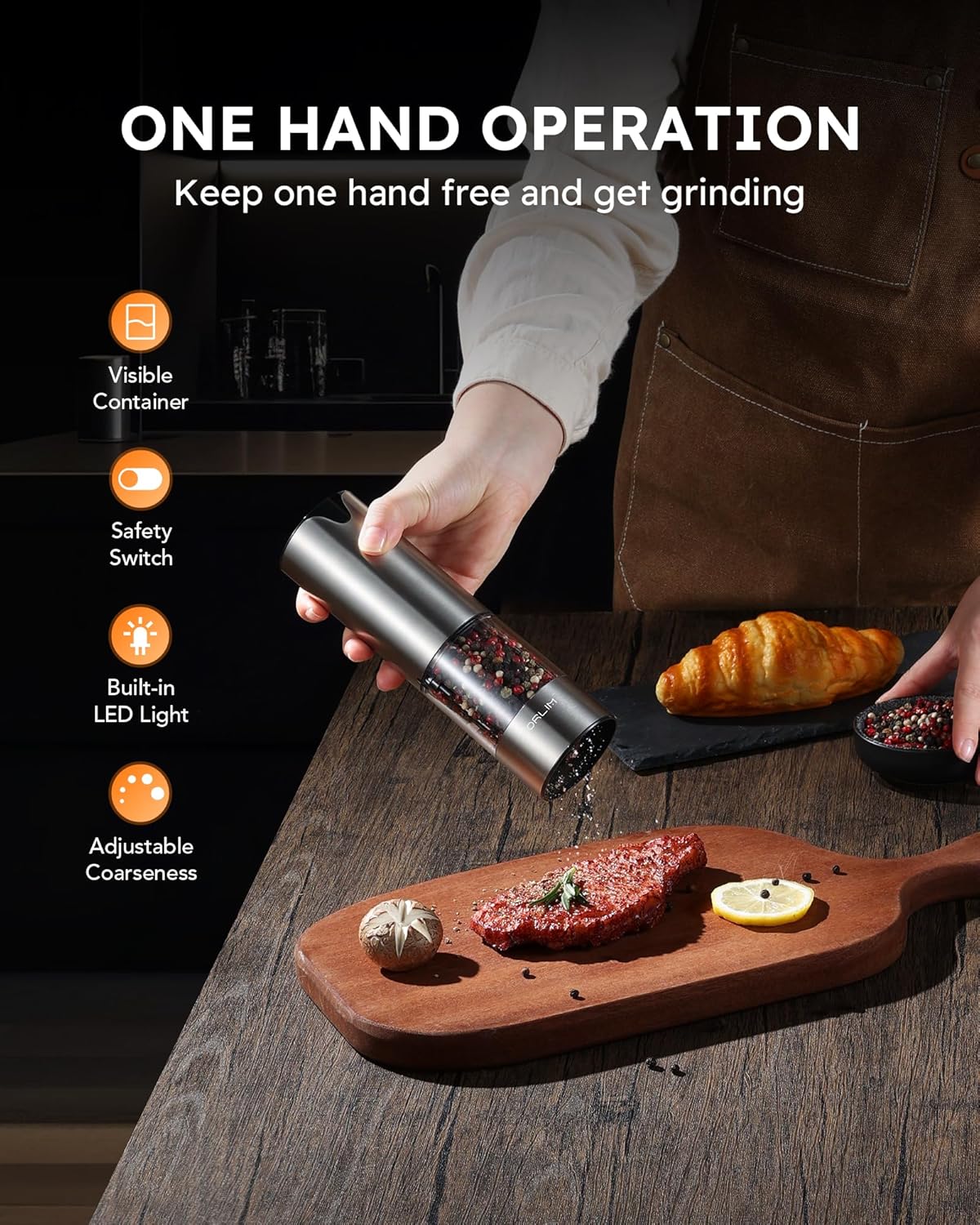 FORLIM Electric Salt and Pepper Grinder Set, USB Rechargeable, Automatic Salt Pepper Mill Grinder with Dust Cover, One-Button Control, Adjustable Coarseness, Warm LED Light (2 Packs, Stainless Steel)