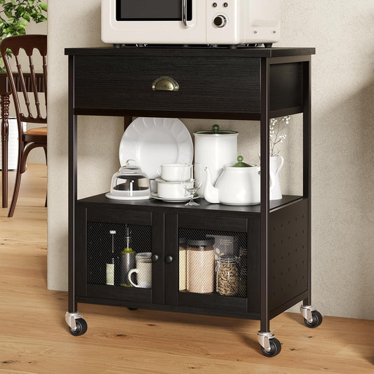 Coffee Cart Station with Storage Drawer, Small Microwave Stand with Storage Cabinet, Coffee Stand Station, Rolling Island Cart for Living Room, Dining Room, Kitchen, Black