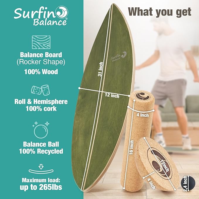 Board - unique board incl. corc roller, corc hemisphere and balance ball - surf balance board - balance training - balance board kids - balance board wood
