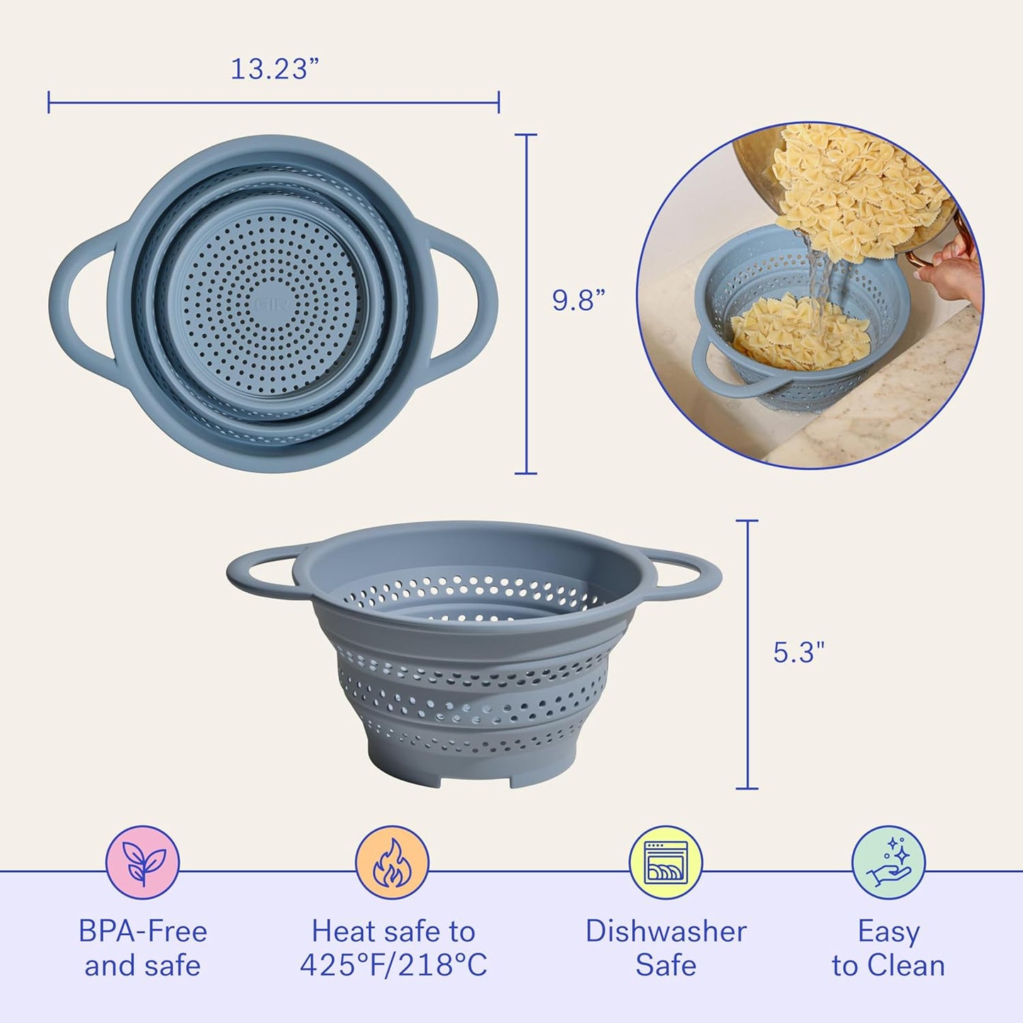 GIR Collapsible Colander for Kitchen – Space-Saving Strainer & Steamer – BPA-Free, Heat-Resistant, Dishwasher Safe Kitchen Strainer with Stainless Steel Rim – Durable Collapsible Colander - Slate