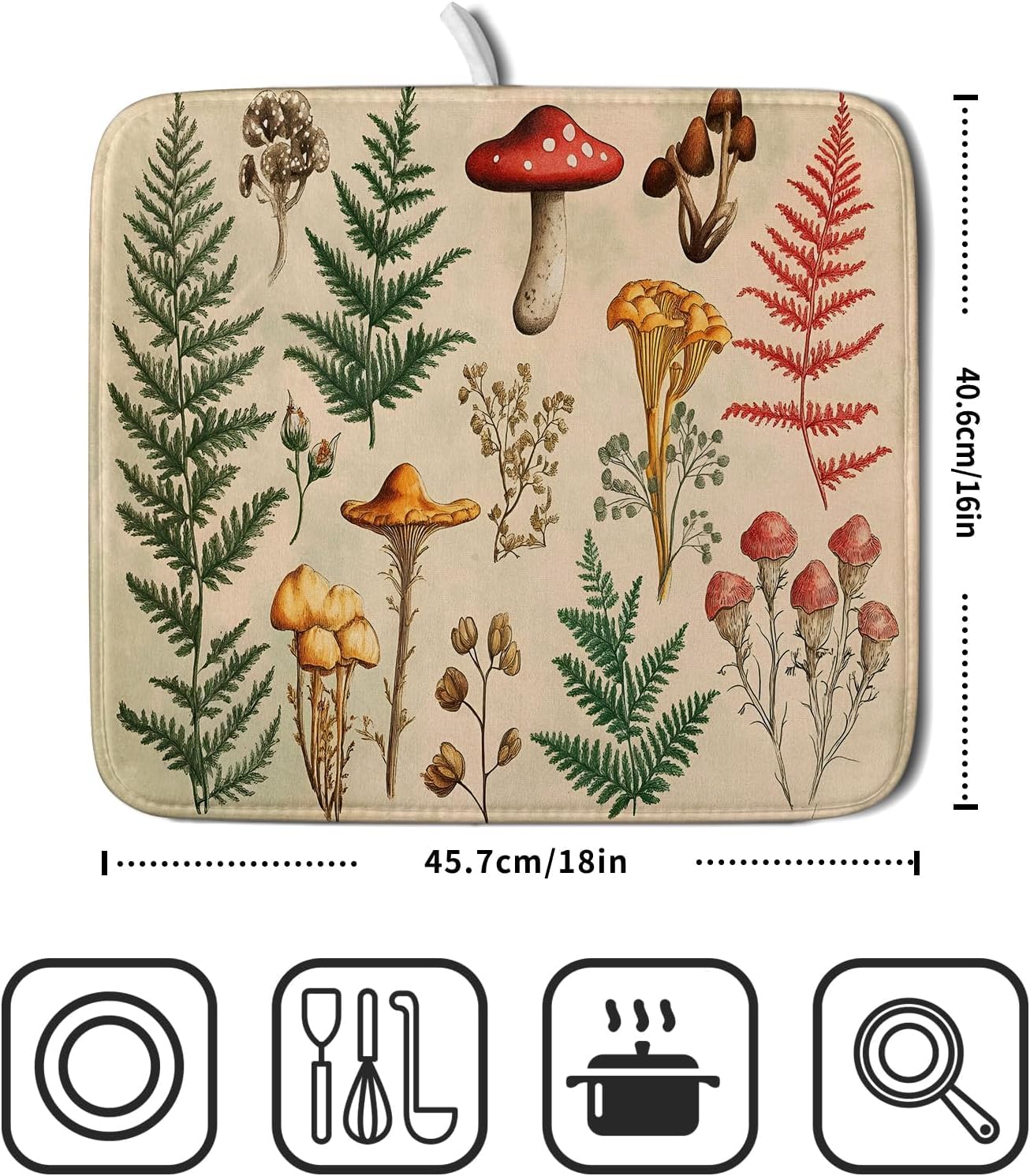 Ferns Leaves Dish Drying Mats Woodland Forest Mushrooms Reversible Drainer Mats 16 X 18 Inch