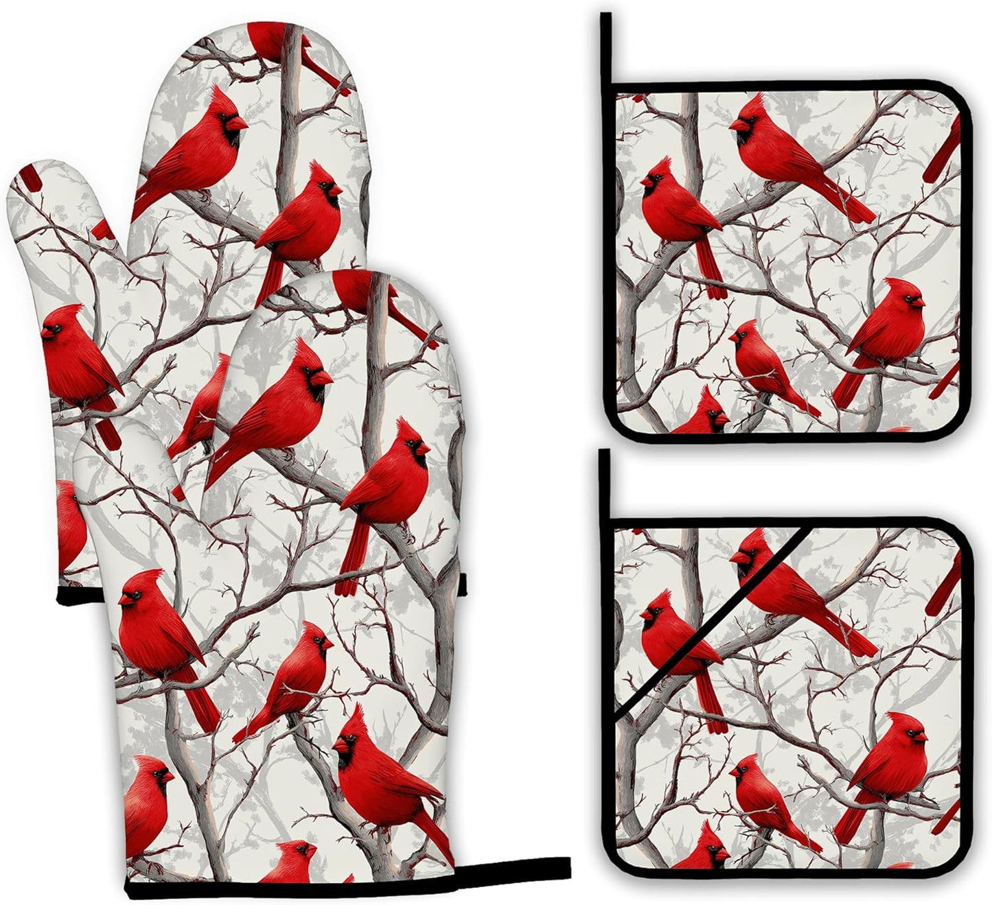 Red Cardinal Oven Mitts and Pot Holders Set,Christmas Winter Kitchen Oven Gloves and Pot Holder with Heat Resistant Non Slip for Cooking Baking Grilling(4 Piece Set)