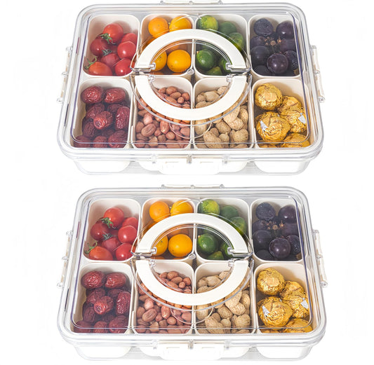 Divided Serving Tray with Lid and Handle - Divided Snack Tray for Portable Snack Platters - Clear Organizer for Candy, Fruits, Nuts, Snacks - Perfect for Party, Entertaining，2 pcs