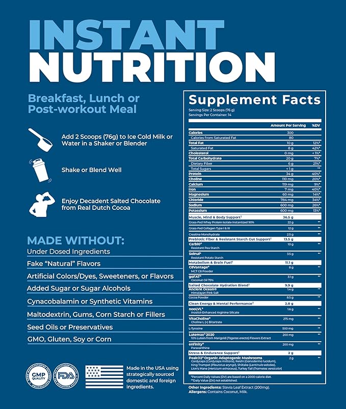 Meal Replacement Shake, Grass Fed Whey Protein Isolate & Collagen Peptides, Creatine Monohydrate, Electrolytes Powder, Prebiotics, Organic Mushrooms, Nootropic Energy Drink (14 Meals Salted Chocolate)