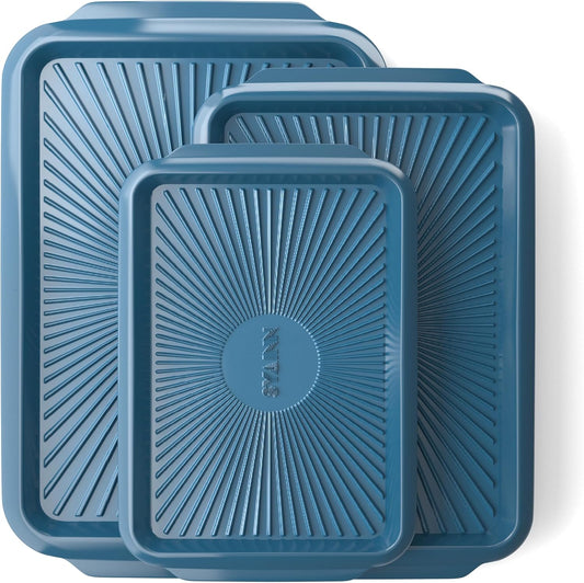 SYAINN Non-stick Ceramic Baking Sheet Set, 3 Pieces- Aluminum Steel Cookie Sheets for Baking-Includes Half/Quarter/Jelly Roll Pans-Warp Resistant, Toxic, PTFE & PFOA Free-Blue