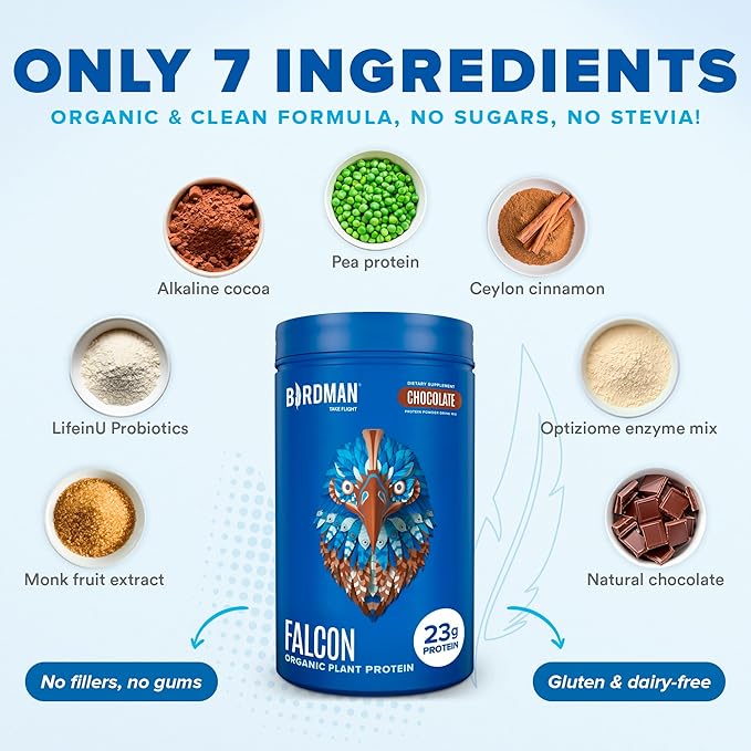 Falcon Vegan Protein Powder Organic, Stevia & Sugar Free, Plant Based Protein, Low Carb, Dairy Free, Keto, Non Whey Protein, Probiotic, Pea Protein | Chocolate Flavor - 18 Servings - 1.32lb
