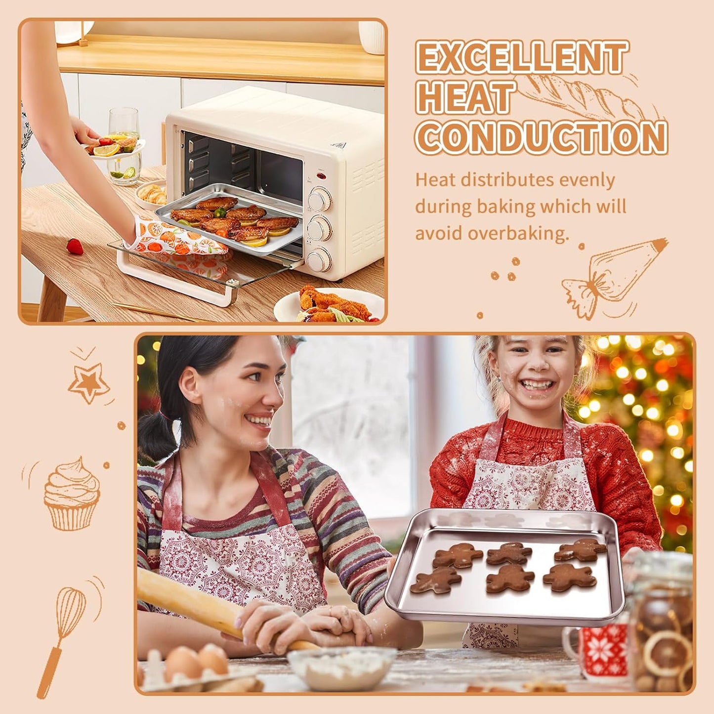 Stainless Steel Baking Sheet Set of 2, Deedro Cookie Sheet Metal Baking Pan Oven Tray, Non Toxic & Heavy Duty, Rust Free & Mirror Finish, Easy Clean & Dishwasher Safe, 9 x 7 x 1 Inch