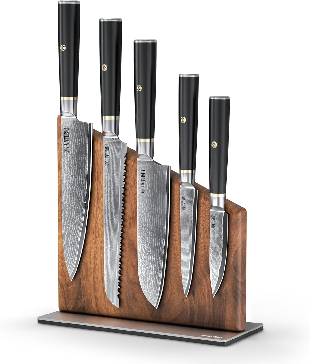 Yatoshi Knives Magnetic Kitchen Knife Block Set - Japanese 67 Layer High-Grade VG-10 Steel Knives, Sharp, G10 Handle Professional Kitchen Knife Set - Black Damascus (6 pieces)