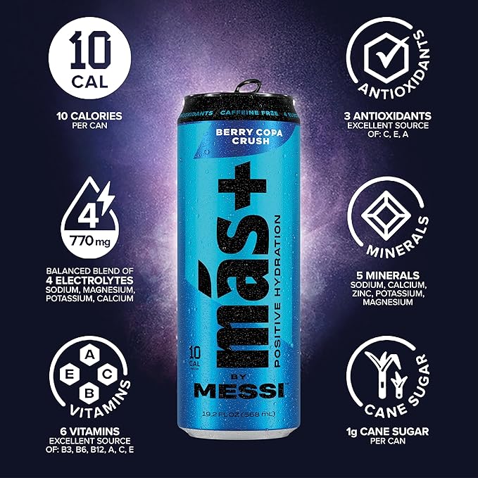 Más+ By Messi 19.2oz Berry Copa Crush Sports Drink & Hydration Beverage, Natural Flavors with Vitamins and Electrolytes, No Artifical Sweeteners or Colors, 12-pack