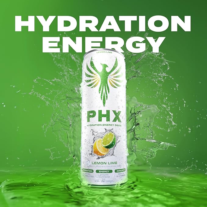 PHX Hydration Energy Drink - 700mg Electrolytes, 200mg Natural Green Tea Caffeine, 100% Daily Value 8 Essential Vitamins - 12 oz Cans (12 Pack) (12 Pack, Lemon Lime)