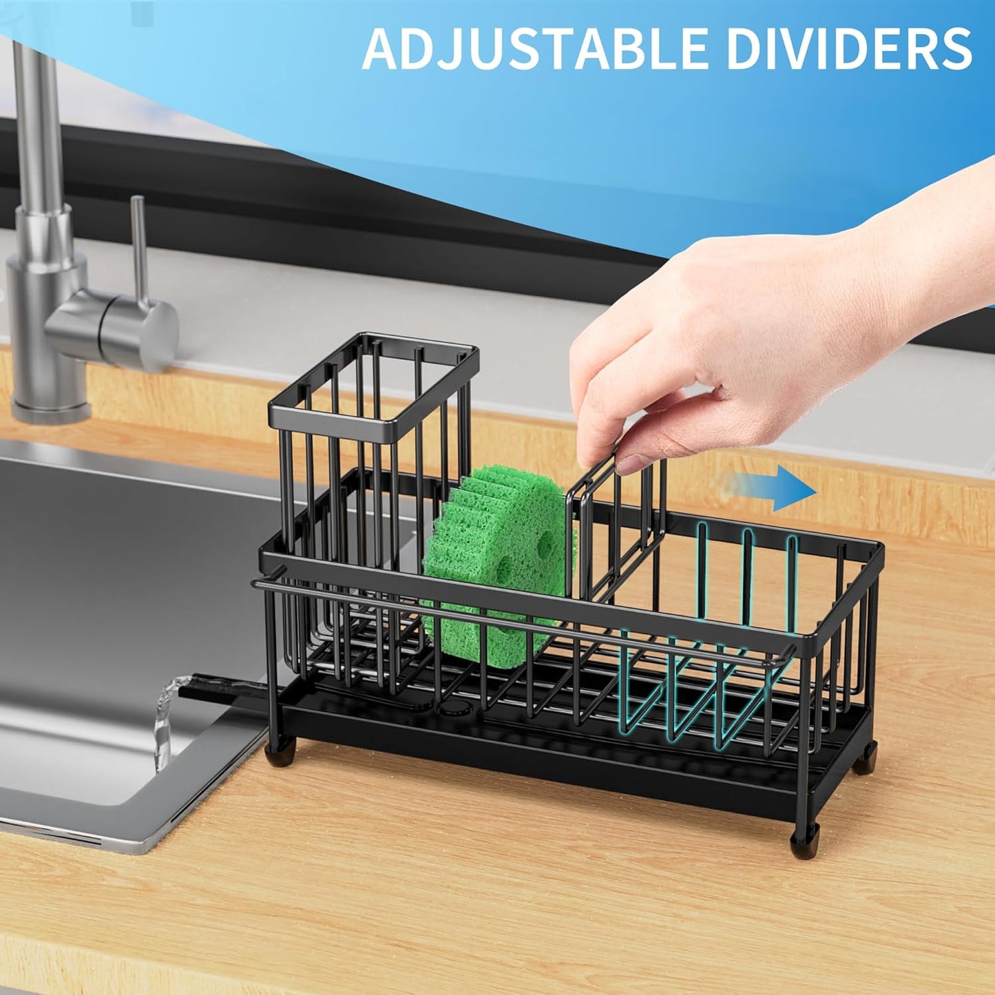 Cisily Sponge Holder for Kitchen Sink with Towel Rack, Sink Caddy with Kitchen High Brush Holder, Organzier Rustproof 304 Stainless Steel Dish Organizer Divider, Soap Dispenser Storage