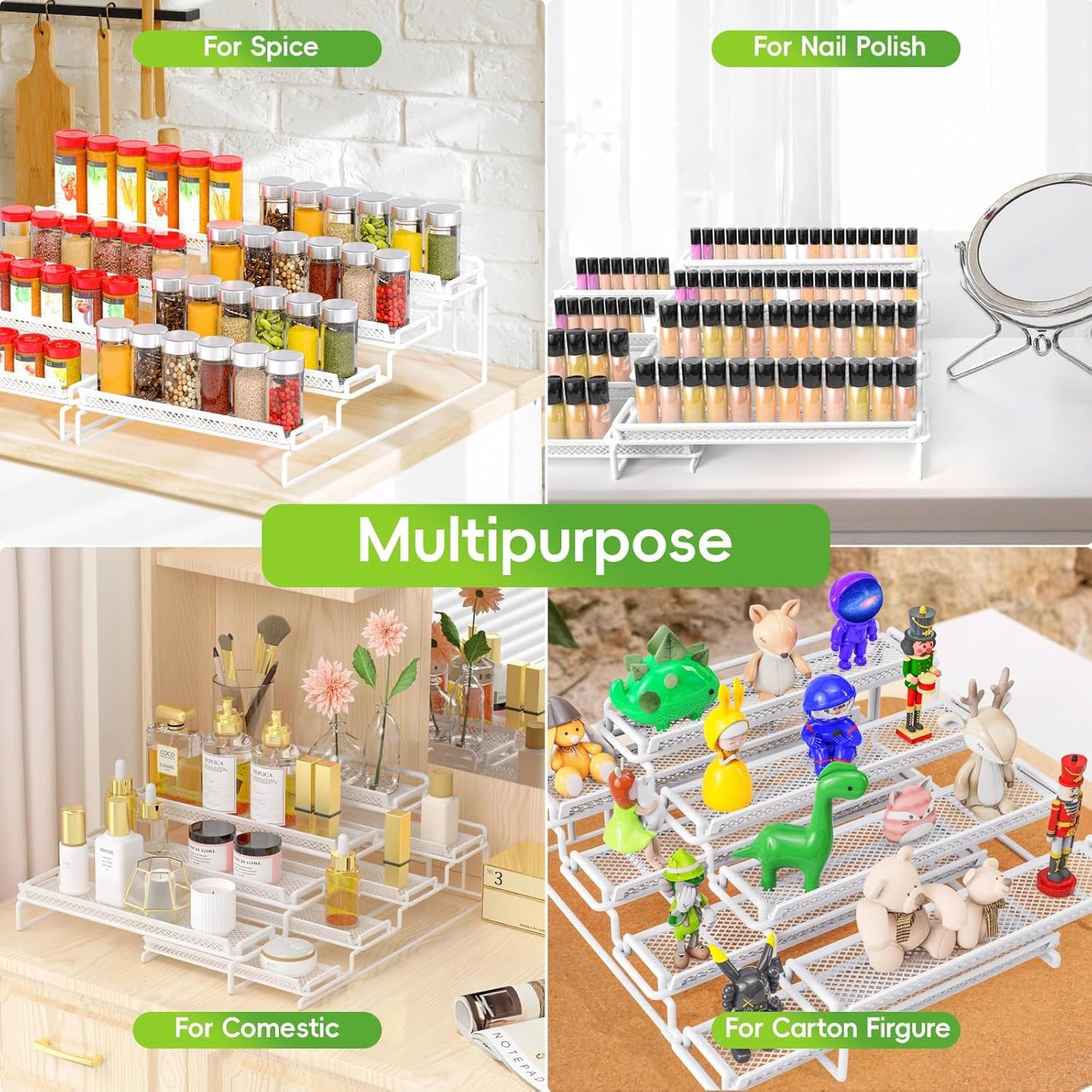 4 Tier Spice Rack Organizer for Inside Cabinet Expandable Display Riser Shelf Seasoning Organizer for Countertop Cupboard Pantry Adjustable Step Storage Holder with Protection Railing (White, 2PC)