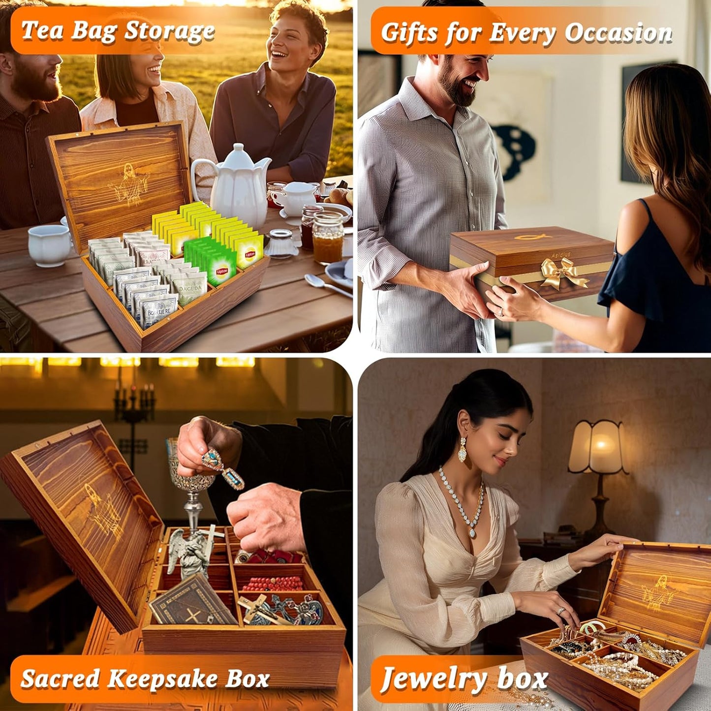 Hand-Carved Acacia Wooden Tea Box Organizer Storage Box, 8 Compartments Multi-Use Tea Bag Holder, Large Capacity for 80+ Tea Bag Storage, with Exquisite Patterns Tea Organizers and Storage