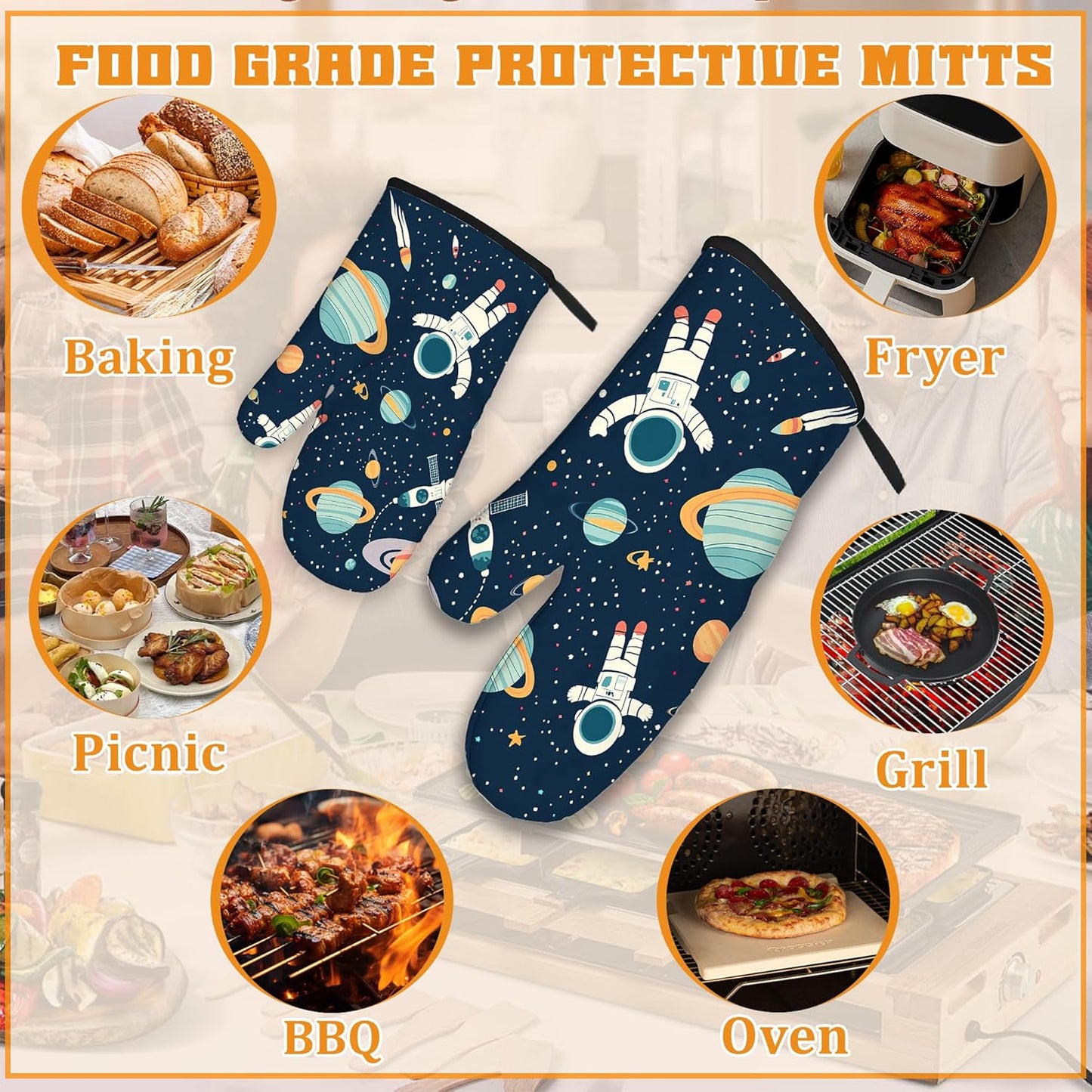 Astronaut Oven Mitts and Pot Holders,Planet Heat Resistant Oven Mitts Gloves and Pot Holder for Home Kitchen Decorations Cooking Baking BBQ Gifts,Set of 4
