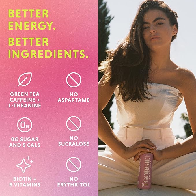 GORGIE Sugar Free Natural Energy Drinks, Sparkling Original Variety Pack (6 Cans) Healthy Energy Drink, Natural Coffee Replacement with Green Tea Caffeine and Biotin 150mg Caffeine, Vegan, Low Calorie