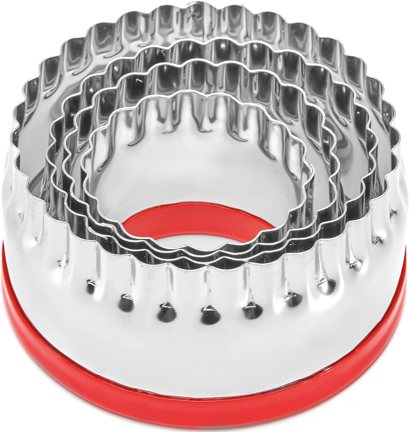 4-Pieces Fluted Round Cookie Cutters, Metal Circle Biscuit Cutters Set, Wave Cookies Cutter with Fluted Edge, Unique Design with Protective Red Top PVC