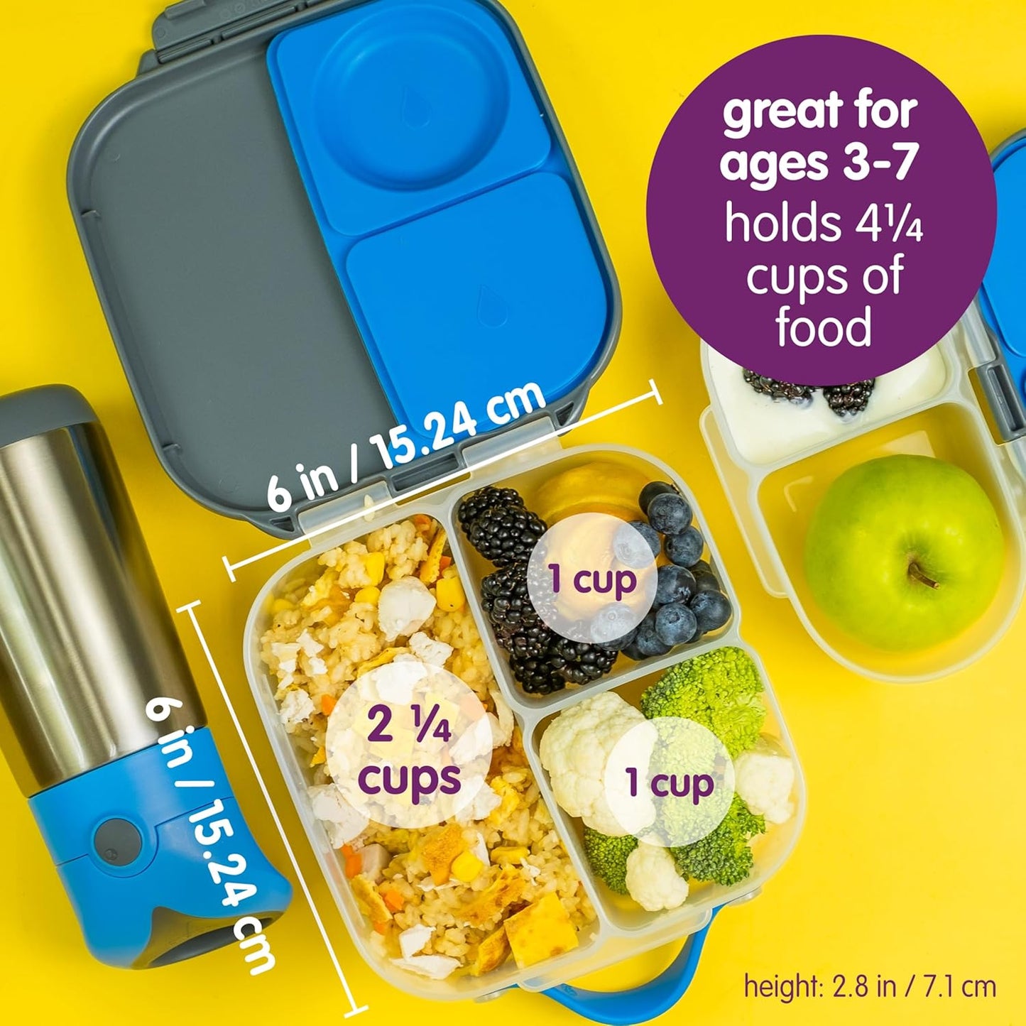 b.box Mini Lunch Box, Bento Box for Kids, Snack Container with 2 Leak Proof Compartments, Reusable Snack Containers with Lids, Kids Lunch Boxes Ages 3+, BPA Free, 4 1/4 Cup Capacity (Lemon Twist)