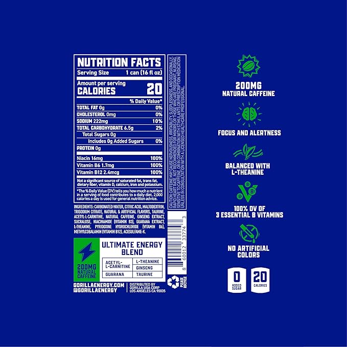 Gorilla Energy Original Energy Drink, Zero Sugar & 200mg Natural Caffeine, L-Theanine, Taurine, Ginseng, Acetyl L-Carnitine, B Vitamins, Sugar Free, and No Artificial Colors, 16 oz Cans, 12 Pack