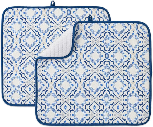 FRESHMINT Printed Dish Drying Mats for Kitchen Counter 2 Pack Absorbent Reversible Drying Mats Microfiber Kitchen Countertop Protector Dishes Drying Pad Extra Large 18"x16" Dish Mat