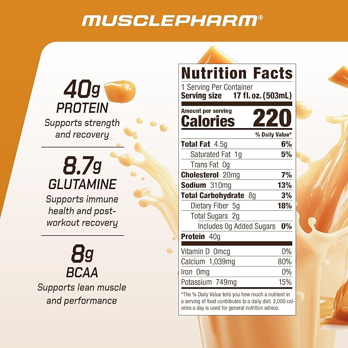 MusclePharm Combat Ready High Protein Shakes Ready to Drink, 40g Protein, 8g BCAAs, 8.7g Glutamine, 5g Fiber, No Added Sugar, Gluten Free, Salted Caramel, 17 Fl Oz (Pack of 12)