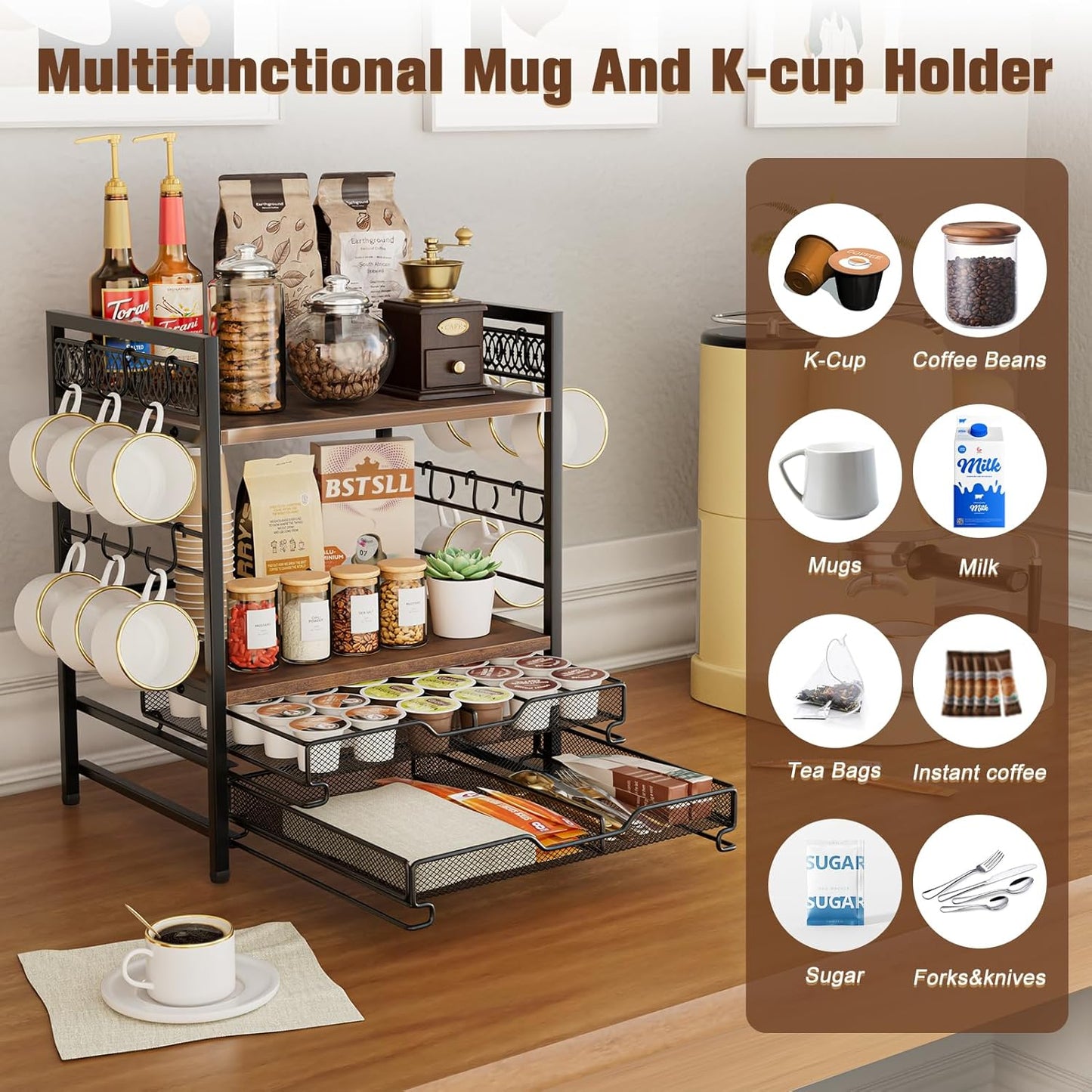 Coffee Bar Organizer, 4 Tier Coffee Station Organizer for Countertop, 30 K Cup Pod Drawer, Mug Cup Holder Stand with 12 Hooks, Multifunctional K Pods Shelf Storage Holder Drawer