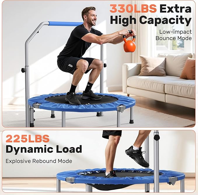 BCAN 40/48" Foldable Mini Trampoline Max Load 330lbs/440lbs, Fitness Rebounder with Adjustable Foam Handle, Exercise Trampoline for Adults Indoor/Garden Workout