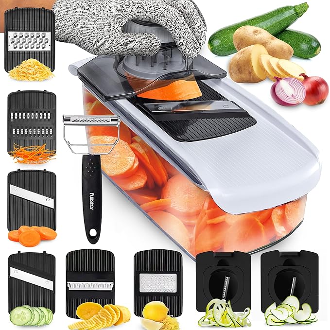 Fullstar Mandoline Slicer for Kitchen, Fruit Cutter, Cheese Grater, Cucumber Slicer, Veggie Spiralizer, Food Cutter & Kitchen Gadgets with Safety Glove (9 in 1, White)