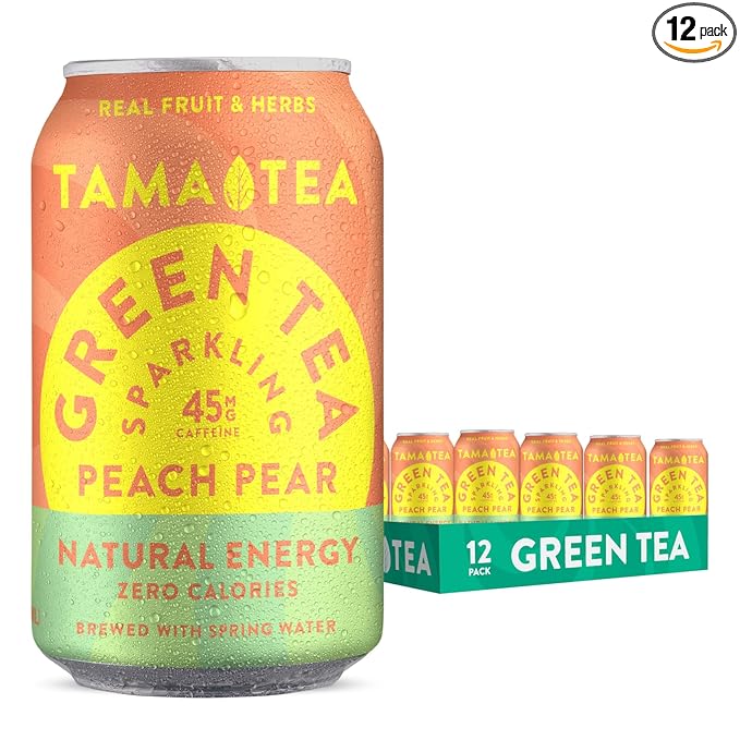 Tama Tea Sugar-Free Sparkling Green Tea, Peach Pear – Organic & Naturally Energizing – Zero Calories, Zero Carbs, Non-GMO – Antioxidant-Rich with 45mg Natural Caffeine – 12 oz Cans (12-Pack)