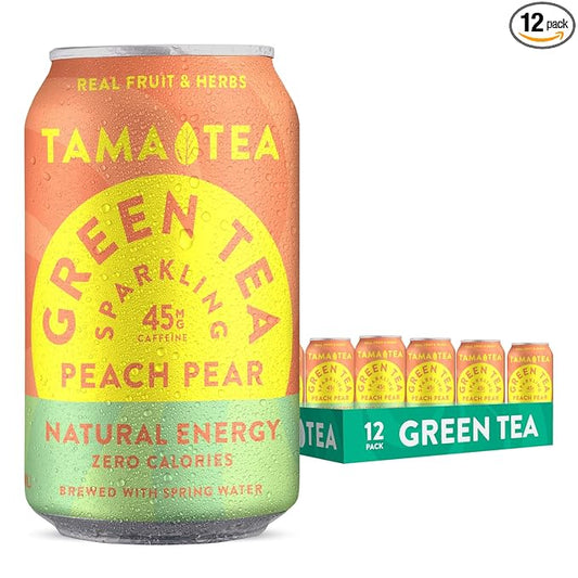 Tama Tea Sugar-Free Sparkling Green Tea, Peach Pear – Organic & Naturally Energizing – Zero Calories, Zero Carbs, Non-GMO – Antioxidant-Rich with 45mg Natural Caffeine – 12 oz Cans (12-Pack)